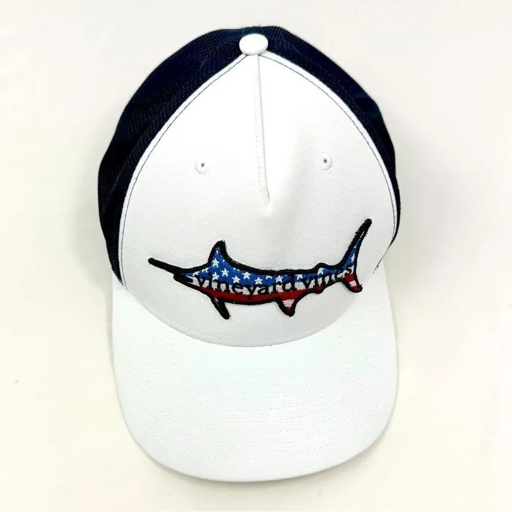 Vineyard Vines Patriotic Swordfish Red White Blue Mesh Trucker SnapBack Cap